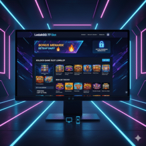 merepresentasikan keunggulan LedakGG 77 Slot dari teks di atas. Gambar ini akan menonjolkan koleksi game slot, performa cepat, bonus menarik, keamanan data, dan tampilan situs yang elegan.