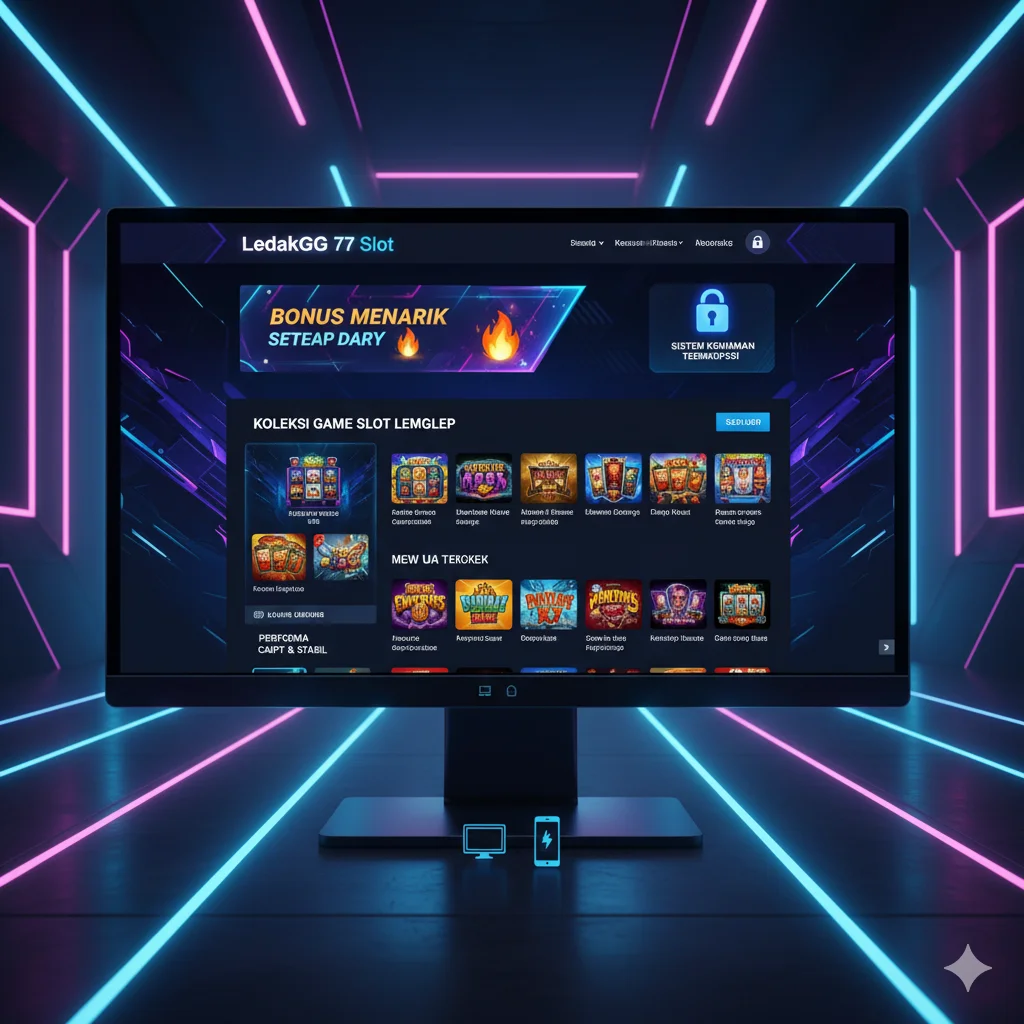 merepresentasikan keunggulan LedakGG 77 Slot dari teks di atas. Gambar ini akan menonjolkan koleksi game slot, performa cepat, bonus menarik, keamanan data, dan tampilan situs yang elegan.